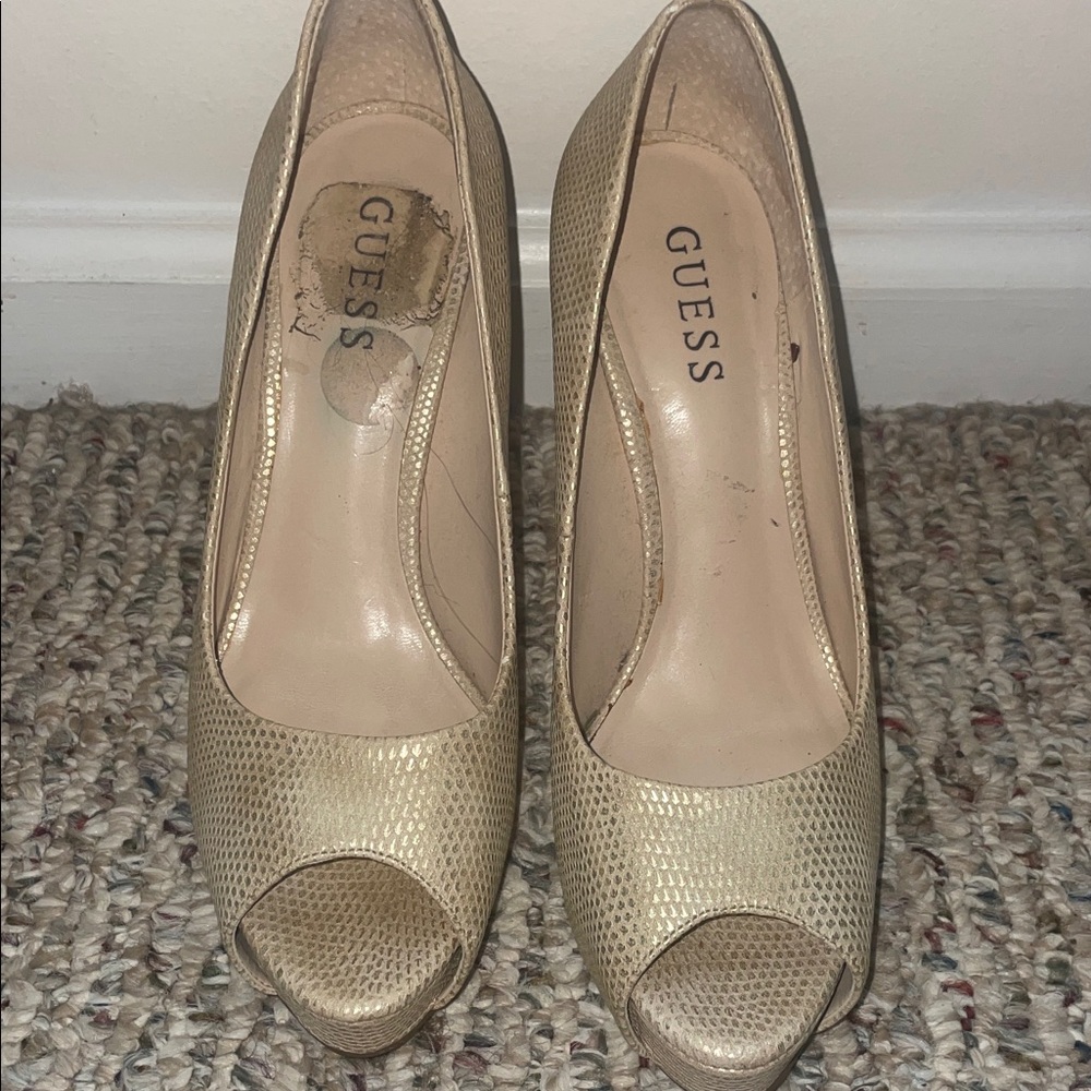 Guess Metallic Gold Peep Toe Pumps